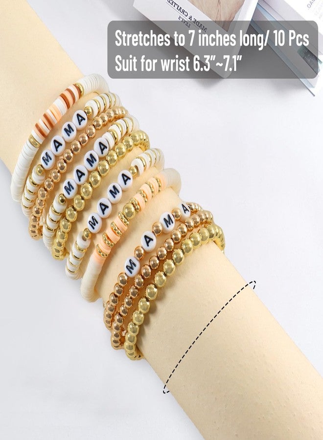 WYVAS MAMA Beaded Stretch Bracelets for Women Bohemian Summer Beach Stackable Polymer Clay Gold Beaded Stretch Bracelets Elastic Layering Friendship Boho Bracelets Set Christmas (10 Pcs) - Image 4